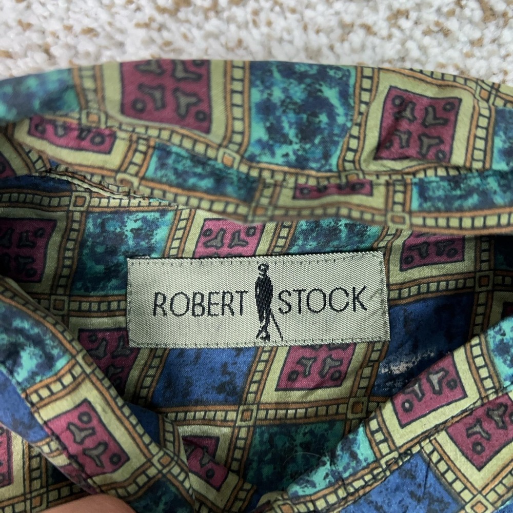 Robert Stock Mens Shirt Medium Multicolor Silk Geometric Button Pocket Top Work - Picture 4 of 9